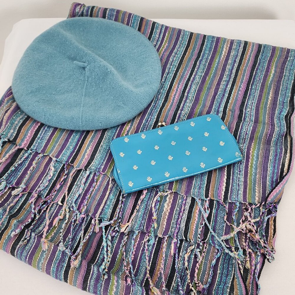 VTG Spring Lot Blue Tam Matching Scarf & Italian Leather Clutch Wallet Floral